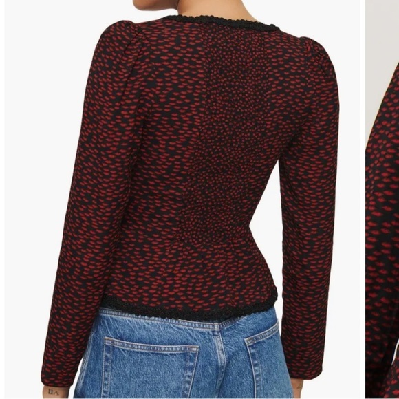 NWT Reformation Nikky Lace Trim Button Long Sleeve Top French Kiss Black Red 2 - Picture 2 of 6
